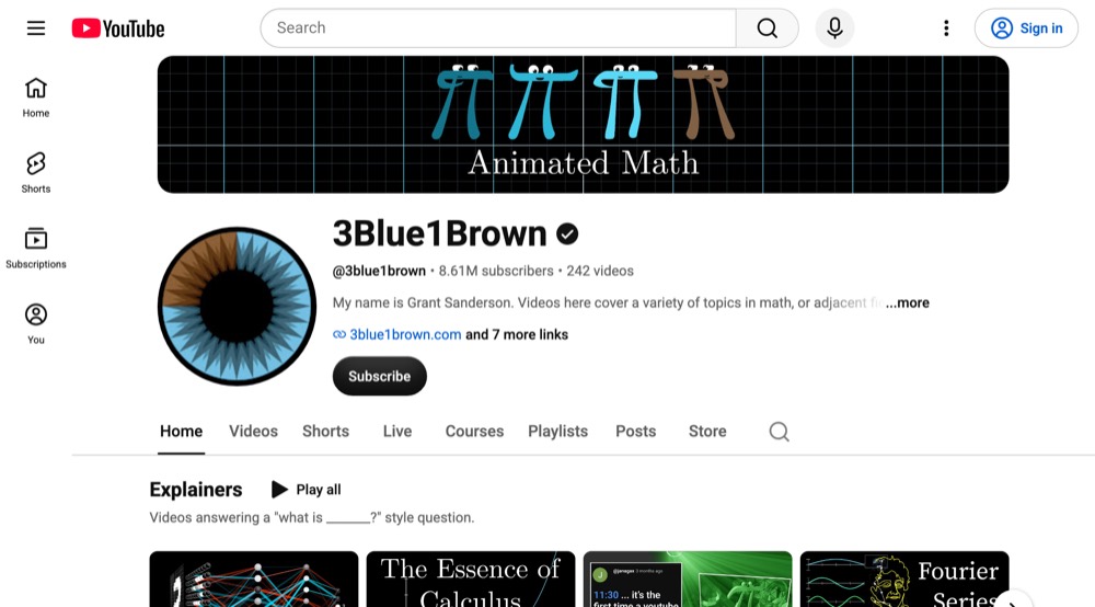3Blue1Brown's YouTube channel page