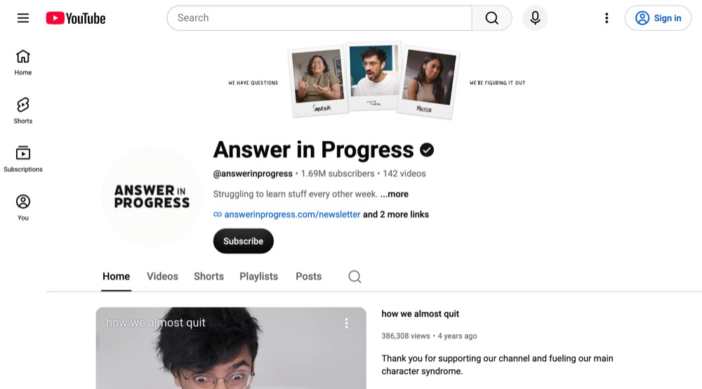 Answer in Progress's YouTube channel page