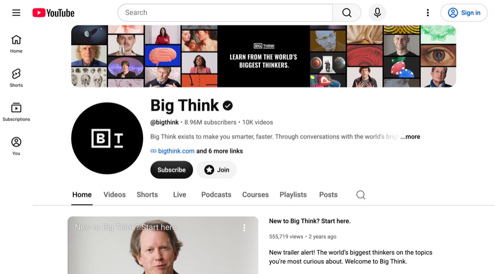 Big Think's YouTube channel page