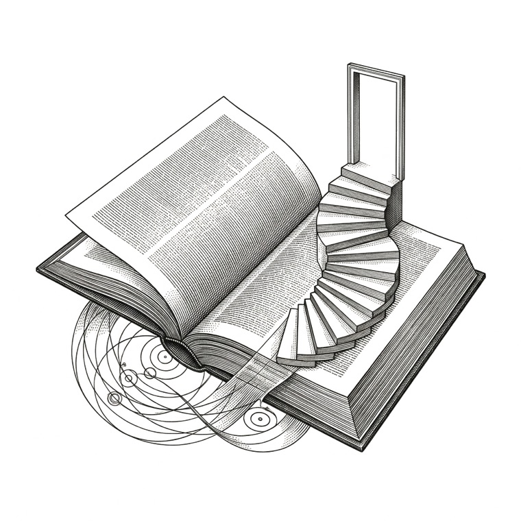 Engraving of an open book with a spiral staircase rising out of the page toward a door