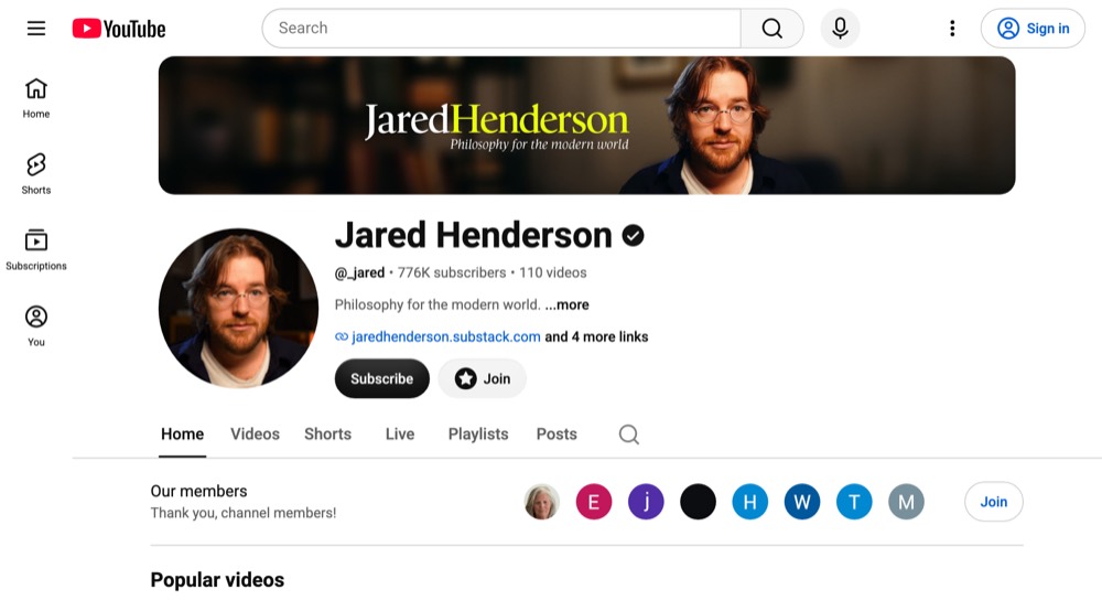 Jared Henderson's YouTube channel page