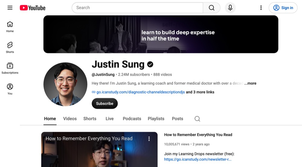 Justin Sung's YouTube channel page