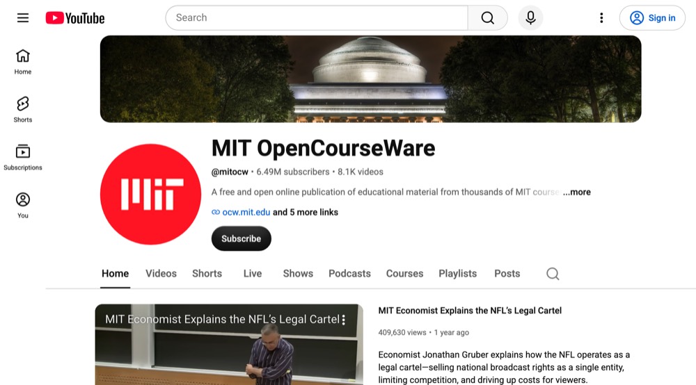 MIT OpenCourseWare's YouTube channel page