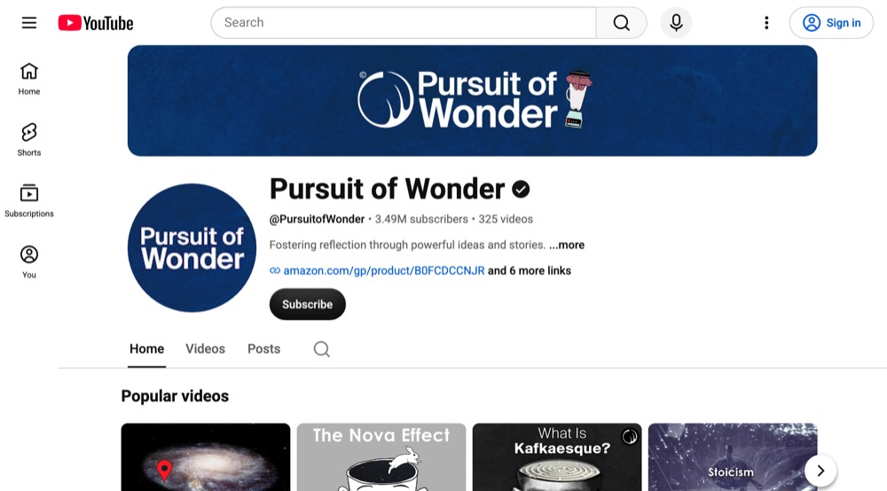 Pursuit of Wonder's YouTube channel page