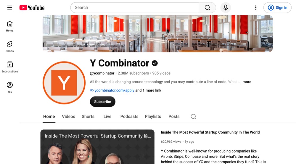 Y Combinator's YouTube channel page