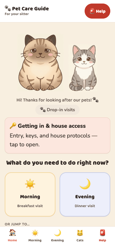 Mobile home screen of my pet-sitting guide, with morning and evening visit buttons and navigation to the cats and help