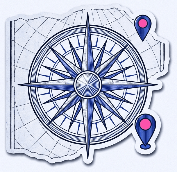 An engraved compass rose on an old map — find your orientation.